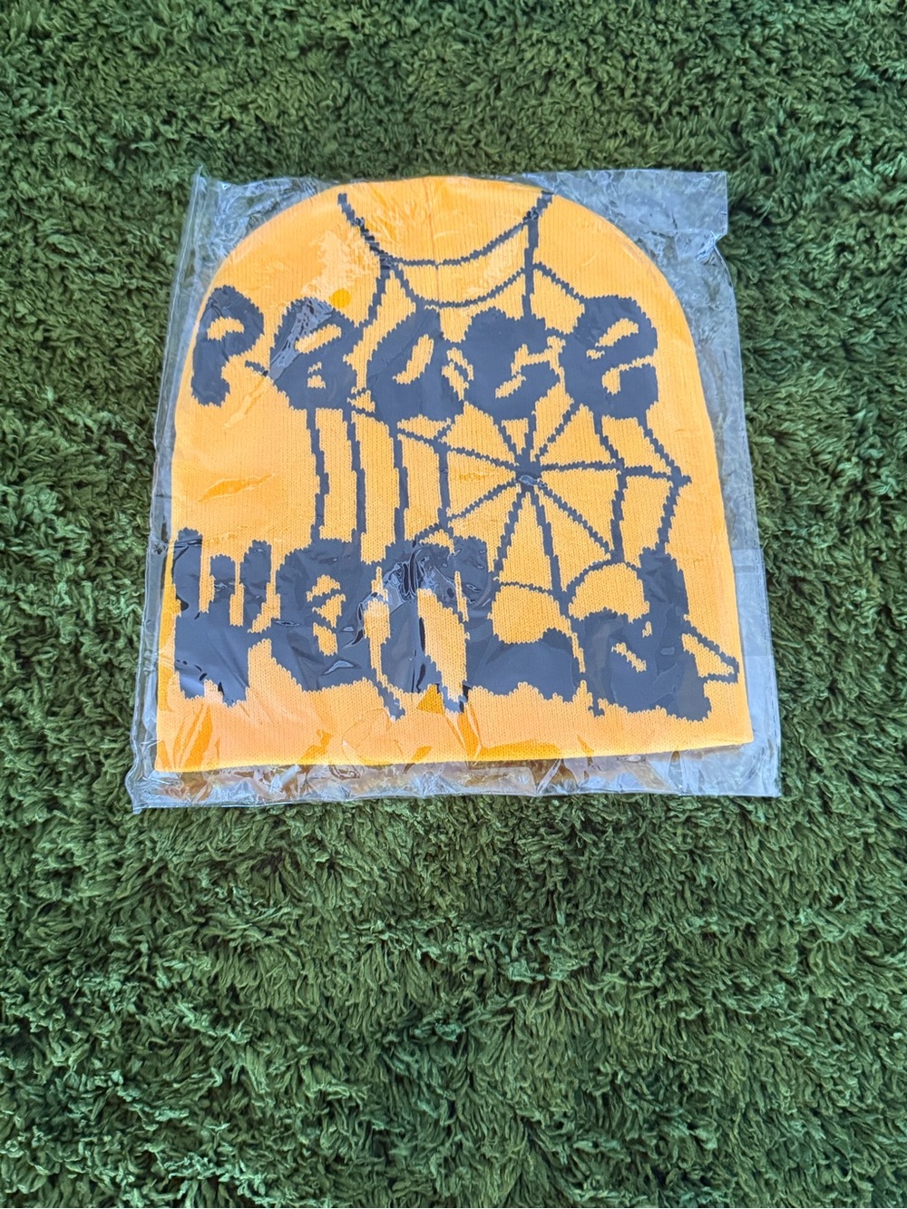 Peace Love World Yellow and Gray Spiderweb Beanie Hat